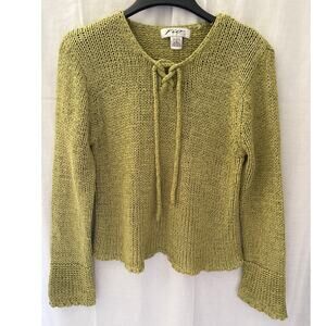 Fio Garter Stitch Tie Front Knit Sweater Green Size medium Cozy Earth 90s